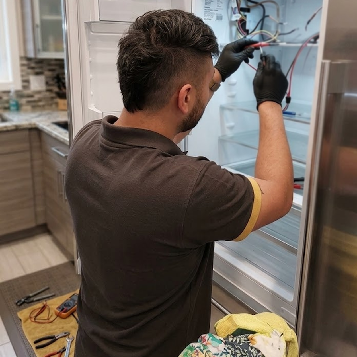 Técnico da Chagas Refrigeração realizando manutenção em geladeira